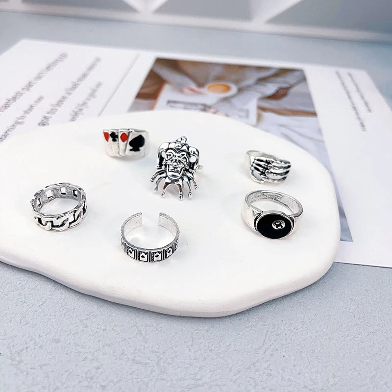 FTCY 6-Piece Poker Clown Ring Set – Gothic Hip Hop Skull, Ghost Claw & Geometric Jewelry for Men & Women