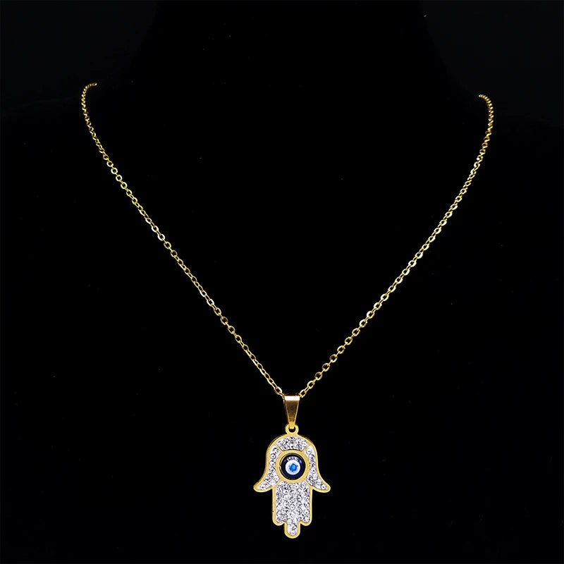 Fatima Hand Evil Eye Necklace – Stainless Steel Protection Pendant for Men & Women | Turkish Blue Eye Amulet Jewelry