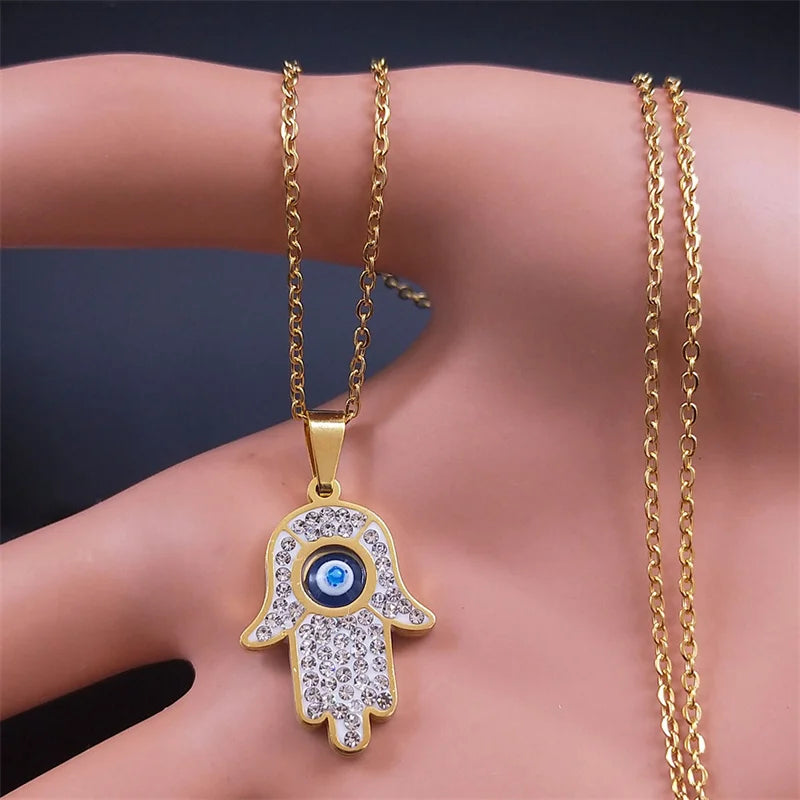 Fatima Hand Evil Eye Necklace – Stainless Steel Protection Pendant for Men & Women | Turkish Blue Eye Amulet Jewelry