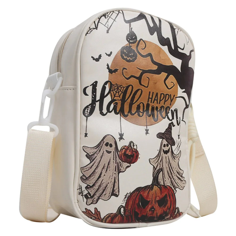 Halloween PU Crossbody Bag – Pumpkin & Ghost Shoulder Purse with Large Capacity & Gothic Style