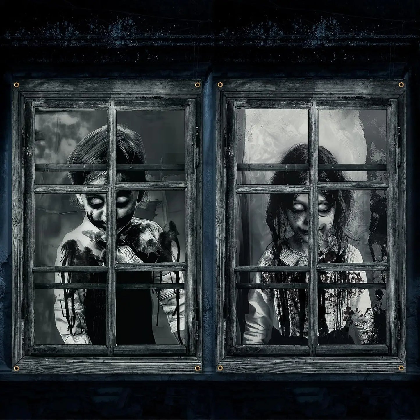 2 Pcs Scary Halloween Window Curtains – Horror Silhouette & Blood Splatter Decoration