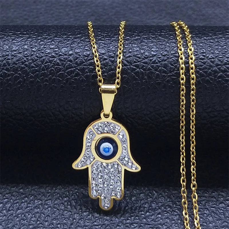 Fatima Hand Evil Eye Necklace – Stainless Steel Protection Pendant for Men & Women | Turkish Blue Eye Amulet Jewelry