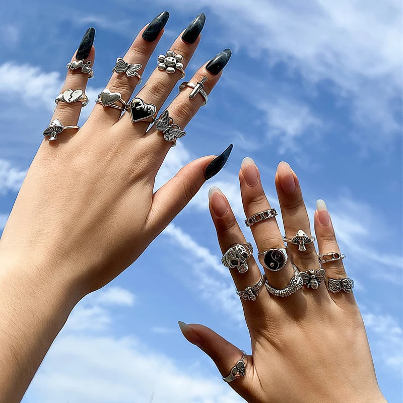 Punk YinYang Ring Set for Women Gothic Black Heart Butterfly Vintage Ghost Silver Color  Plated Retro Rhinestone Finger Jewelry