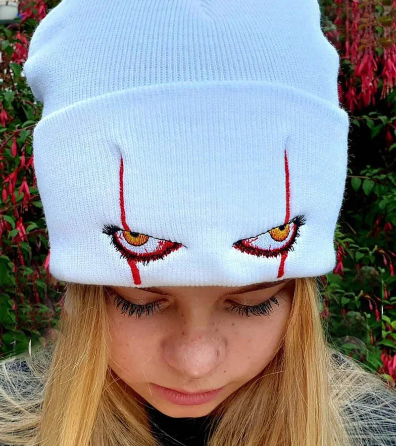 Pennywise Scary Eyes Beanie – Knitted Skull Cap for Kids & Adults | Horror Clown Outdoor Hat