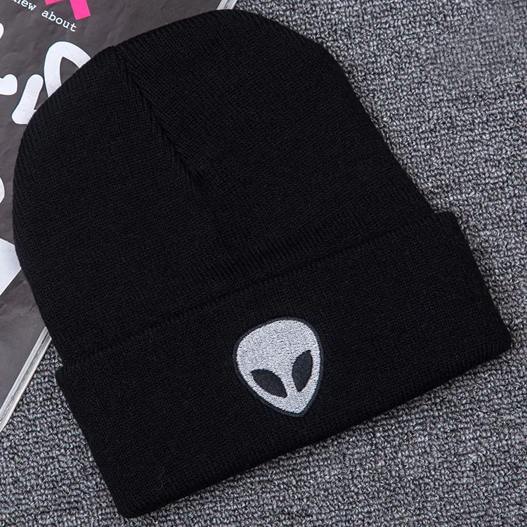 Alien Embroidered Skull Knitted Hat