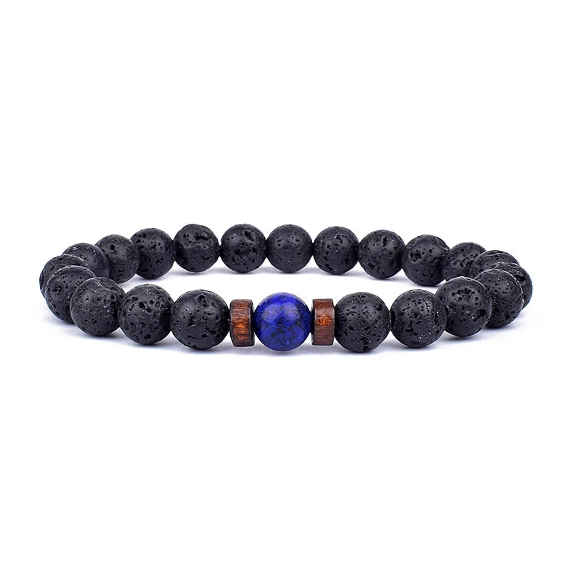 Natural Volcanic Lava Stone Chakra Bracelet – Healing Beads with Tiger Eye & Lapis Lazuli