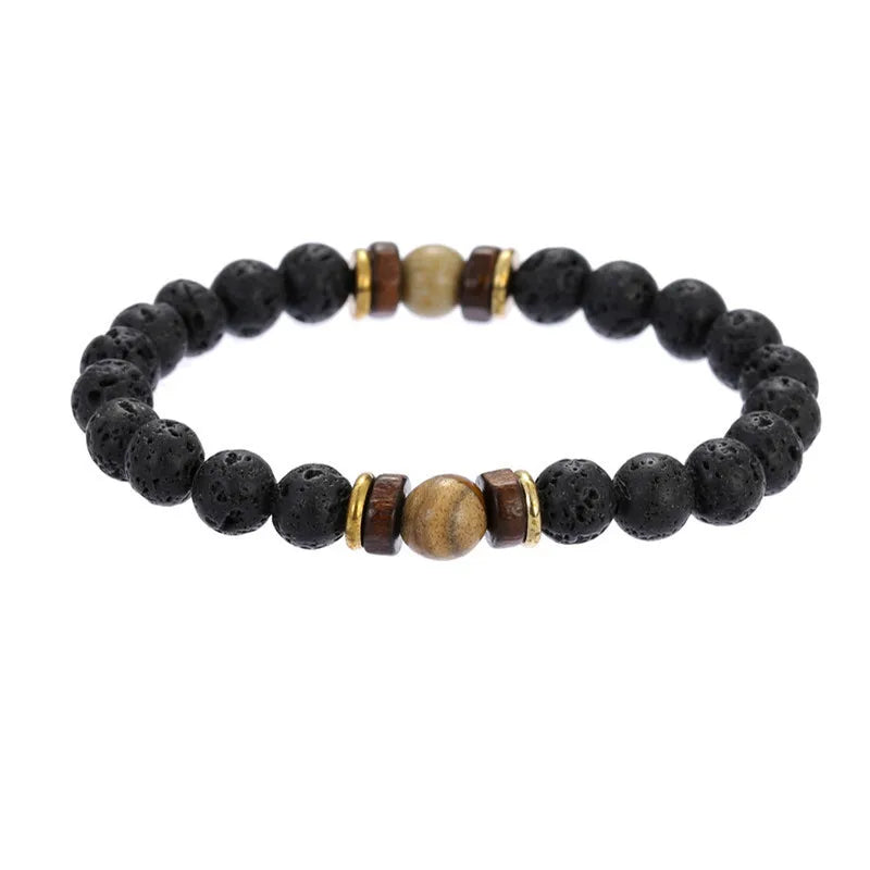 Natural Volcanic Lava Stone Chakra Bracelet – Healing Beads with Tiger Eye & Lapis Lazuli