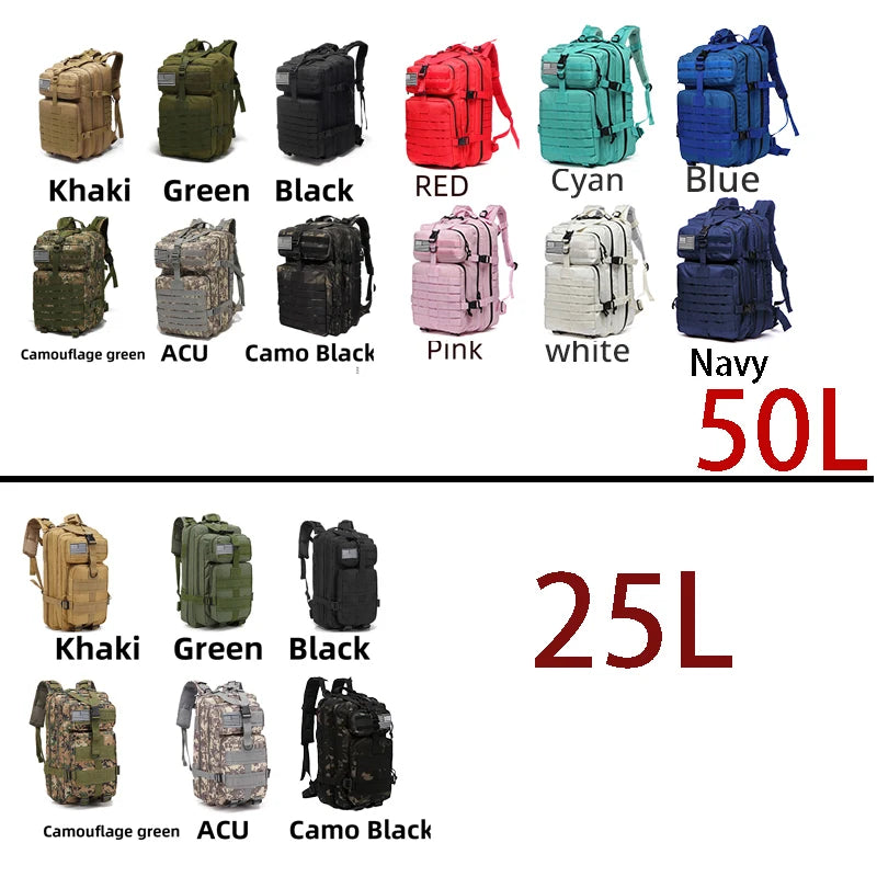 Waterproof Tactical Backpack – 25L/50L Nylon Rucksack for Hunting, Camping, Hiking & Outdoor Survival Gear