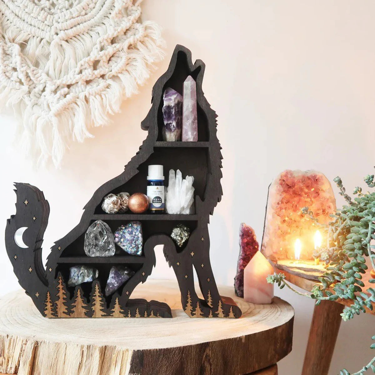 Cat in the Moon Wooden Crystal Shelf – Mystical Wall Display