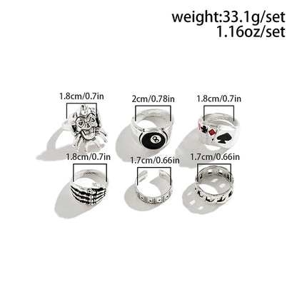 FTCY 6-Piece Poker Clown Ring Set – Gothic Hip Hop Skull, Ghost Claw & Geometric Jewelry for Men & Women