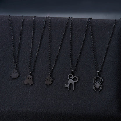 Halloween Pendant Necklace – Stainless Steel Black Cat, Ghost, Spider & Pumpkin Charm | Gothic Friendship Jewelry Gift