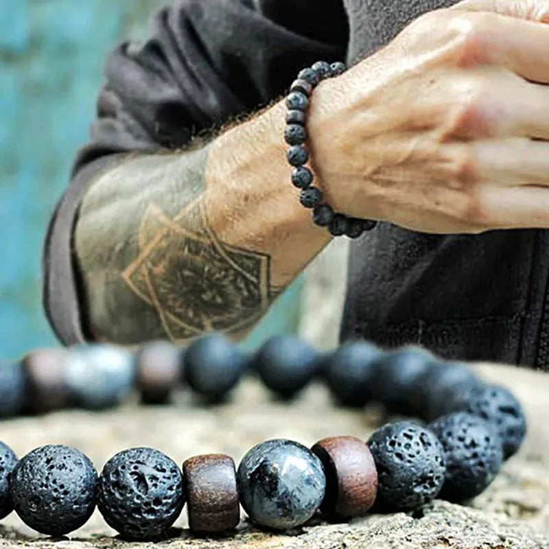 Natural Volcanic Lava Stone Chakra Bracelet – Healing Beads with Tiger Eye & Lapis Lazuli