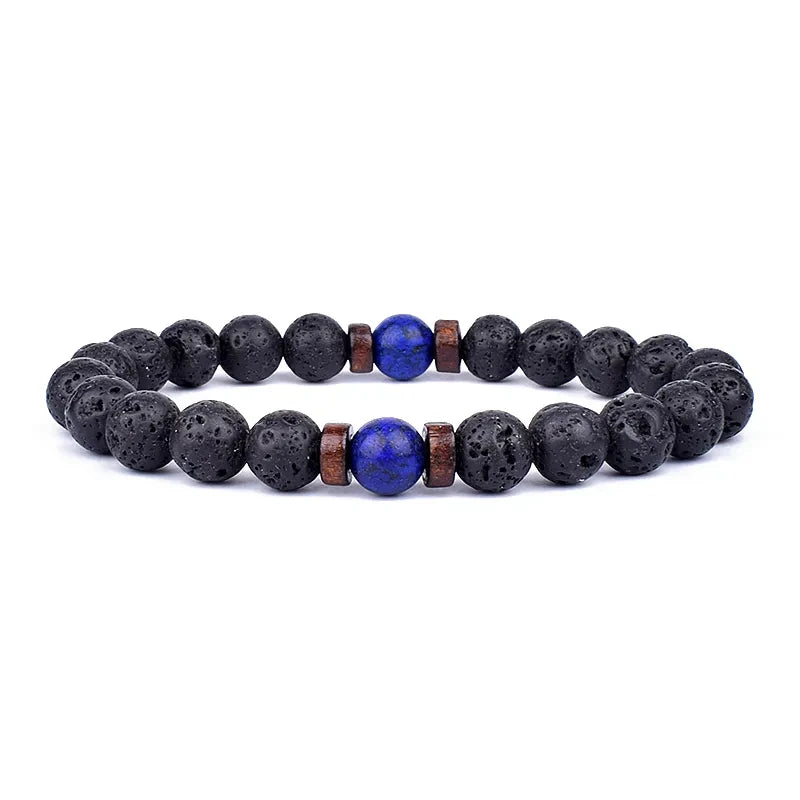 Natural Volcanic Lava Stone Chakra Bracelet – Healing Beads with Tiger Eye & Lapis Lazuli