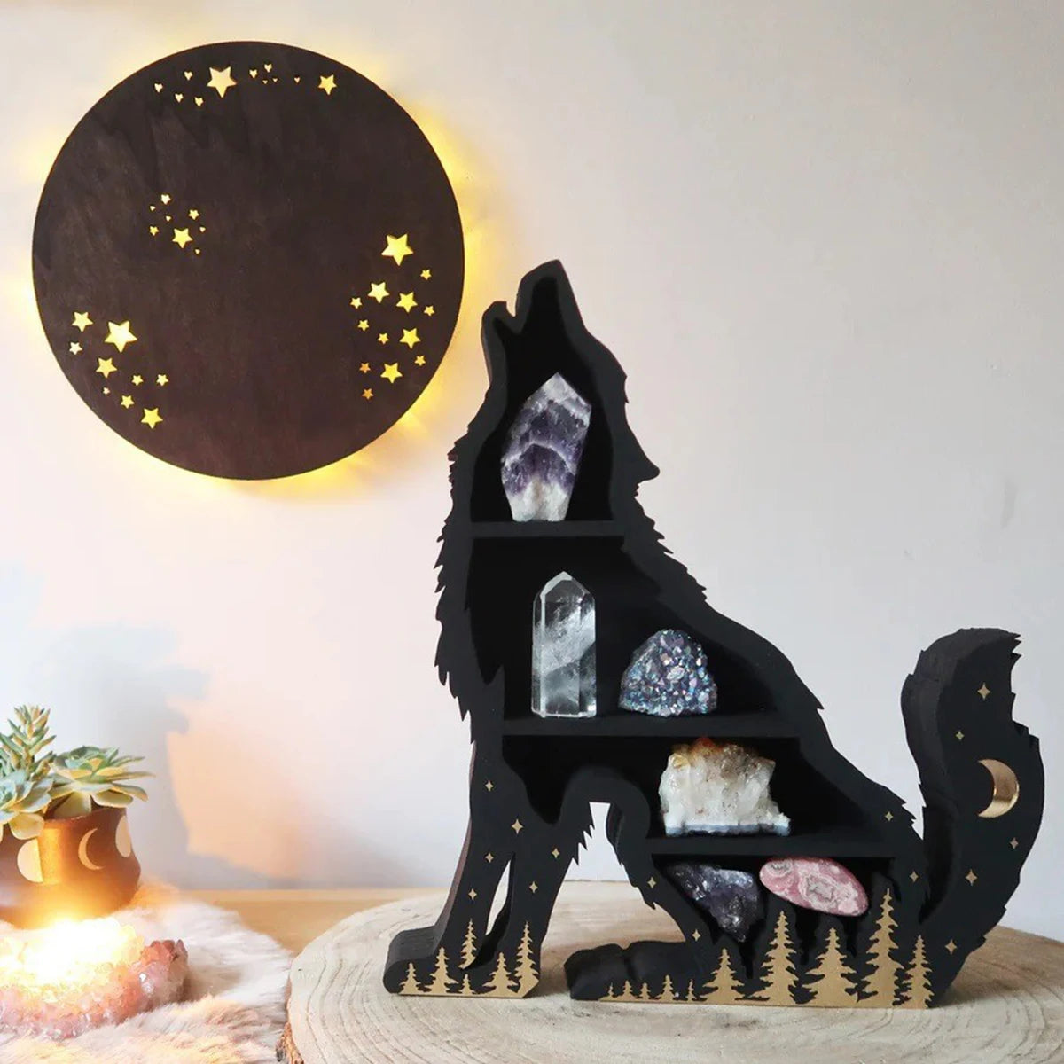 Cat in the Moon Wooden Crystal Shelf – Mystical Wall Display