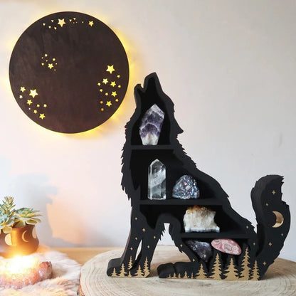 Cat in the Moon Wooden Crystal Shelf – Mystical Wall Display