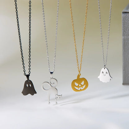 Halloween Pendant Necklace – Stainless Steel Black Cat, Ghost, Spider & Pumpkin Charm | Gothic Friendship Jewelry Gift