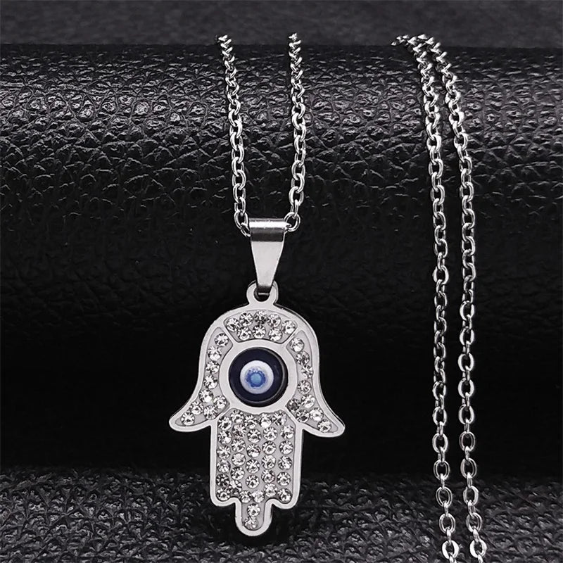 Fatima Hand Evil Eye Necklace – Stainless Steel Protection Pendant for Men & Women | Turkish Blue Eye Amulet Jewelry