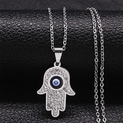 Fatima Hand Evil Eye Necklace – Stainless Steel Protection Pendant for Men & Women | Turkish Blue Eye Amulet Jewelry