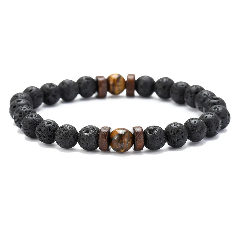 Natural Volcanic Lava Stone Chakra Bracelet – Healing Beads with Tiger Eye & Lapis Lazuli