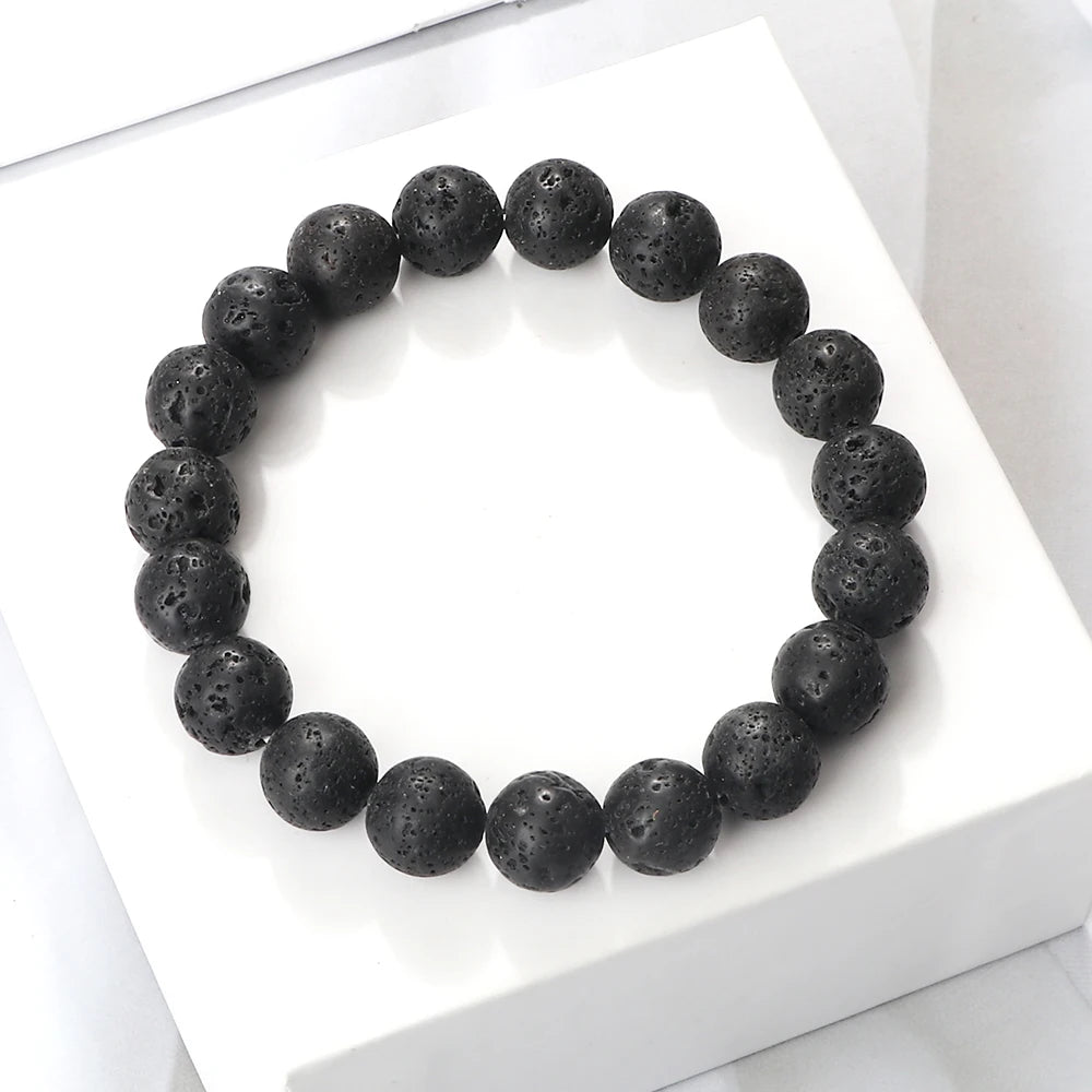 Natural Black Lava Stone Beaded Bracelet – Essential Oil Diffuser Charm Jewelry for Men & Women