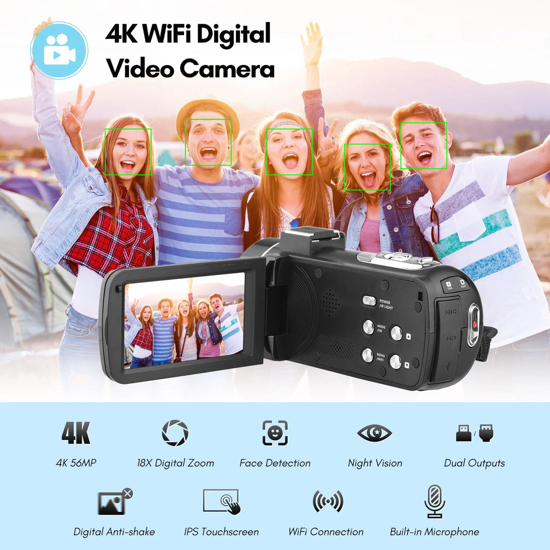 4K Digital Video Camera – WiFi Camcorder with 56MP, 18X Zoom, IR Night Vision & Anti-Shake