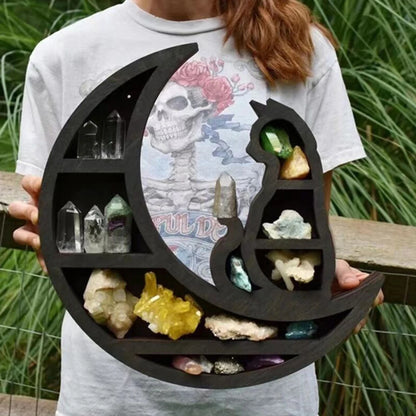 Cat in the Moon Wooden Crystal Shelf – Mystical Wall Display