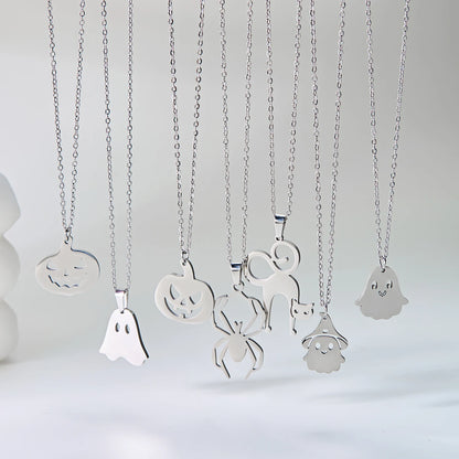 Halloween Pendant Necklace – Stainless Steel Black Cat, Ghost, Spider & Pumpkin Charm | Gothic Friendship Jewelry Gift