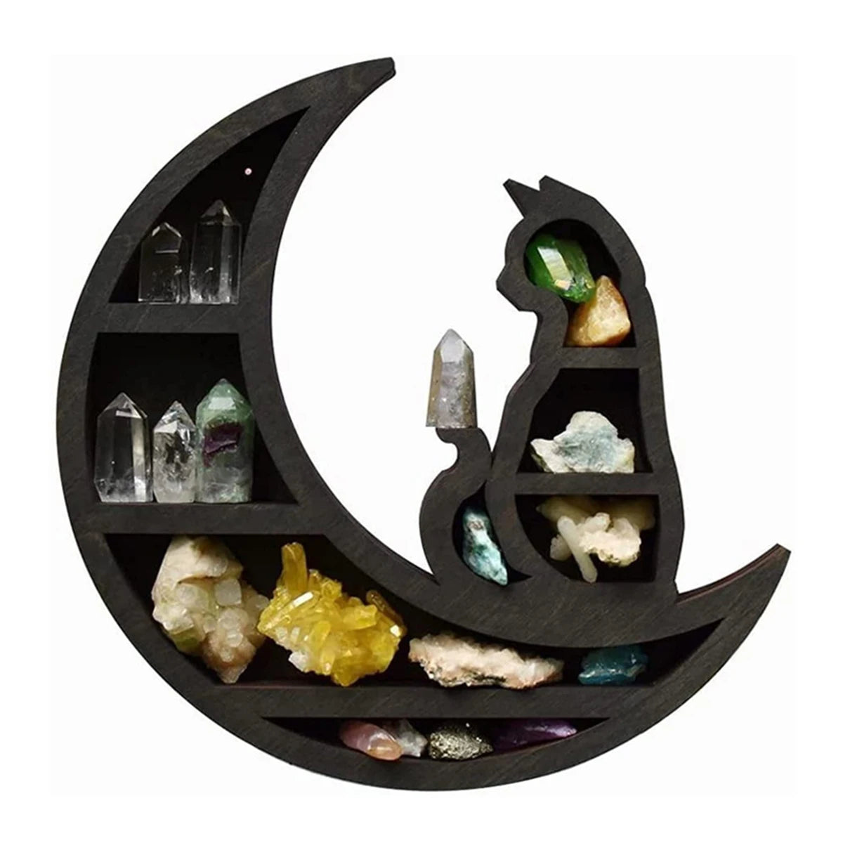 Cat in the Moon Wooden Crystal Shelf – Mystical Wall Display