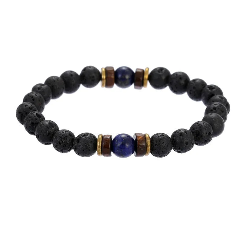 Natural Volcanic Lava Stone Chakra Bracelet – Healing Beads with Tiger Eye & Lapis Lazuli