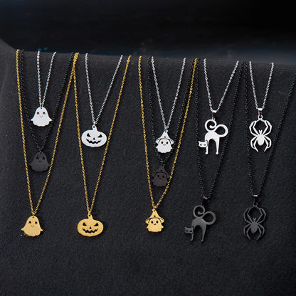 Halloween Pendant Necklace – Stainless Steel Black Cat, Ghost, Spider & Pumpkin Charm | Gothic Friendship Jewelry Gift