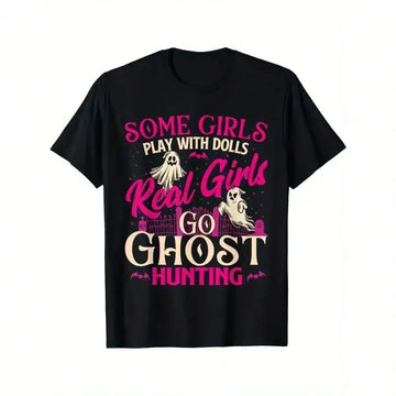 Real Girls Go Hunting T-Shirt – Schwarzes Herren-Baumwoll-T-Shirt mit Cartoon-Geist-Grafik | Paranormal Streetwear