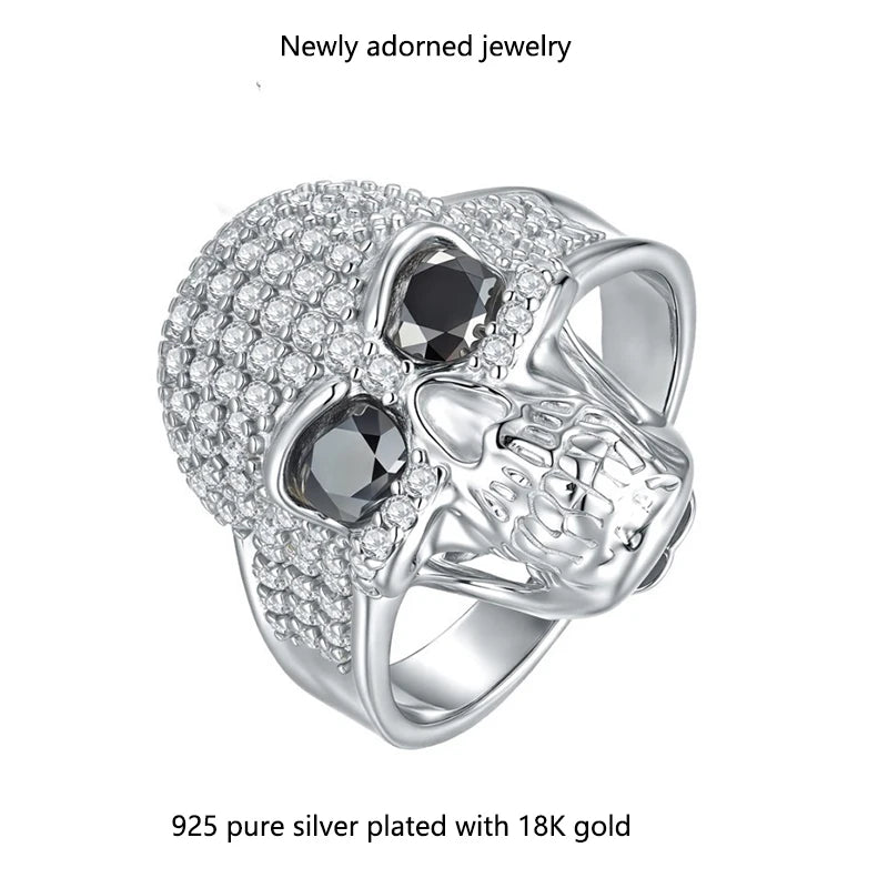 Vintage S925 Silver Skull Ring – Men’s Western Ghost Head with Moissanite Stone