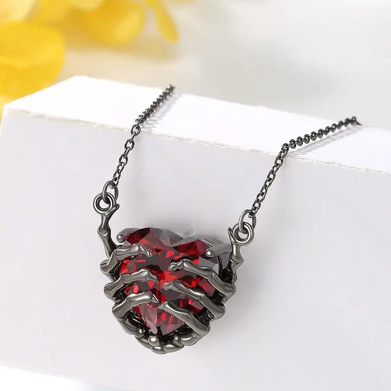 Gothic Red Heart Ghost Claw Pendant Necklace – Punk Dark Style Jewelry for Men & Women