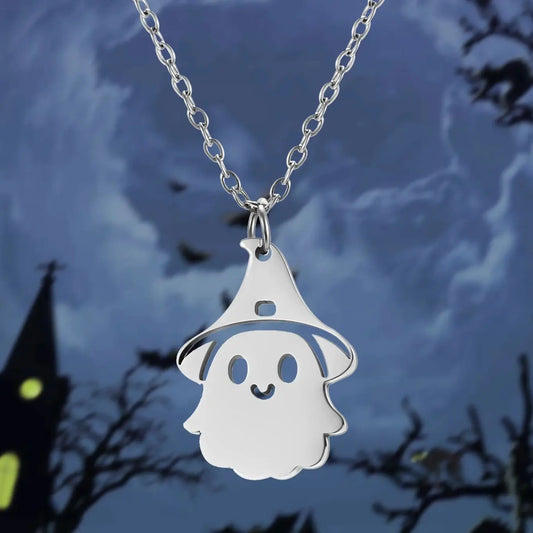 Halloween Pendant Necklace – Stainless Steel Black Cat, Ghost, Spider & Pumpkin Charm | Gothic Friendship Jewelry Gift