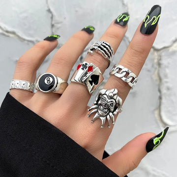 FTCY 6-Piece Poker Clown Ring Set – Gothic Hip Hop Skull, Ghost Claw & Geometric Jewelry for Men & Women