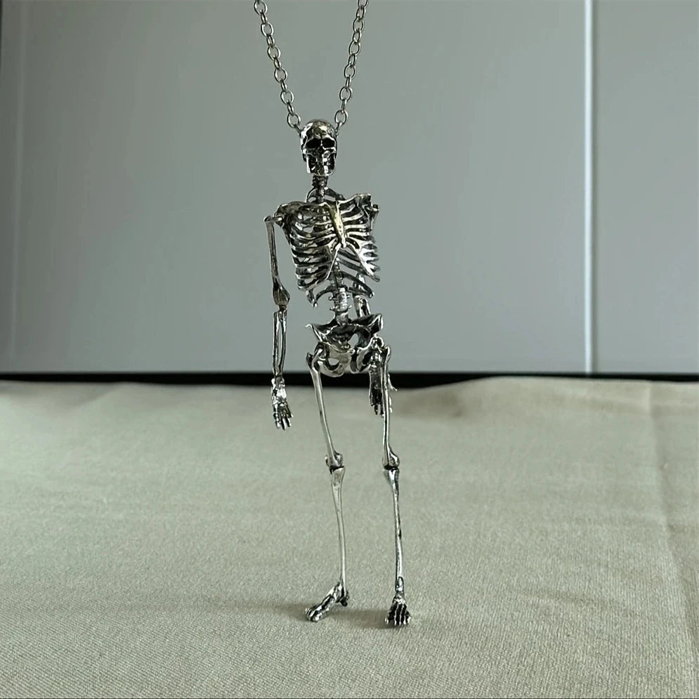 Skeleton Skull Pendant Necklace – Men’s Punk Hip-Hop Silver Gothic Jewelry | Adjustable Skeleton Body Chain