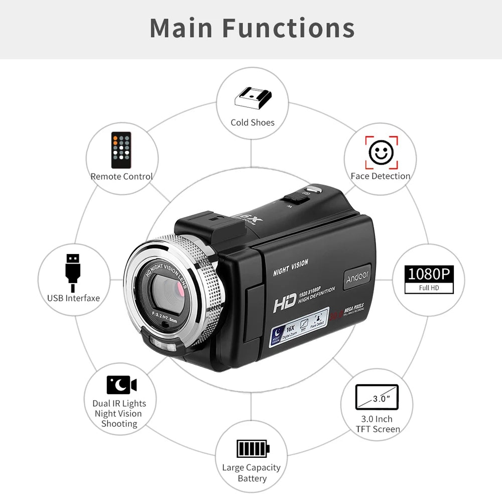 Andoer V12 1080P Full HD Camcorder – 16X Digital Zoom, Night Vision & Face Detection