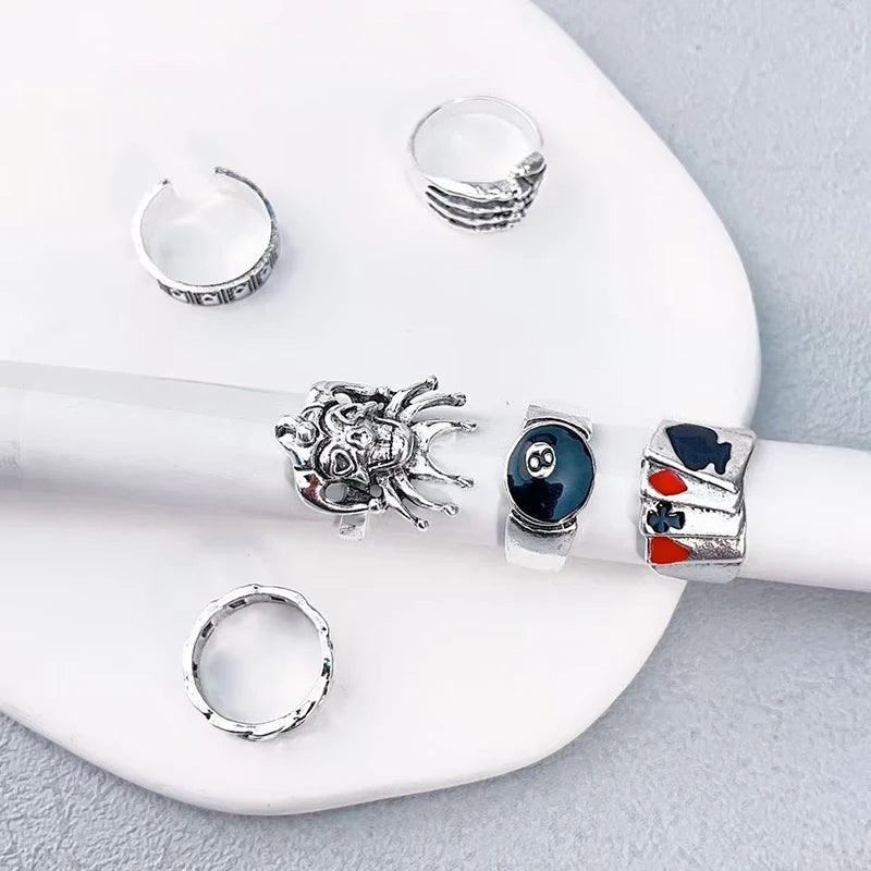 FTCY 6-Piece Poker Clown Ring Set – Gothic Hip Hop Skull, Ghost Claw & Geometric Jewelry for Men & Women