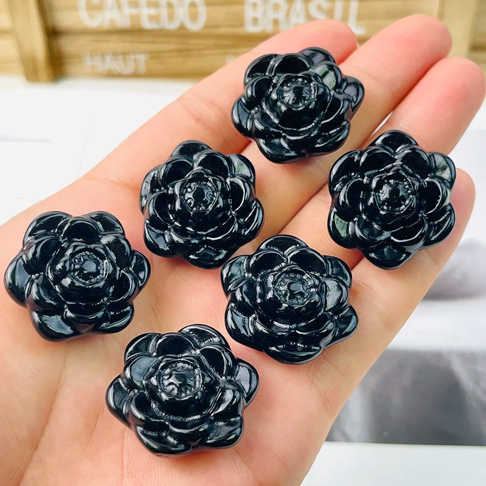 Schwarze Obsidian-Kristallblume – Handgeschnitzter spiritueller Heilstein