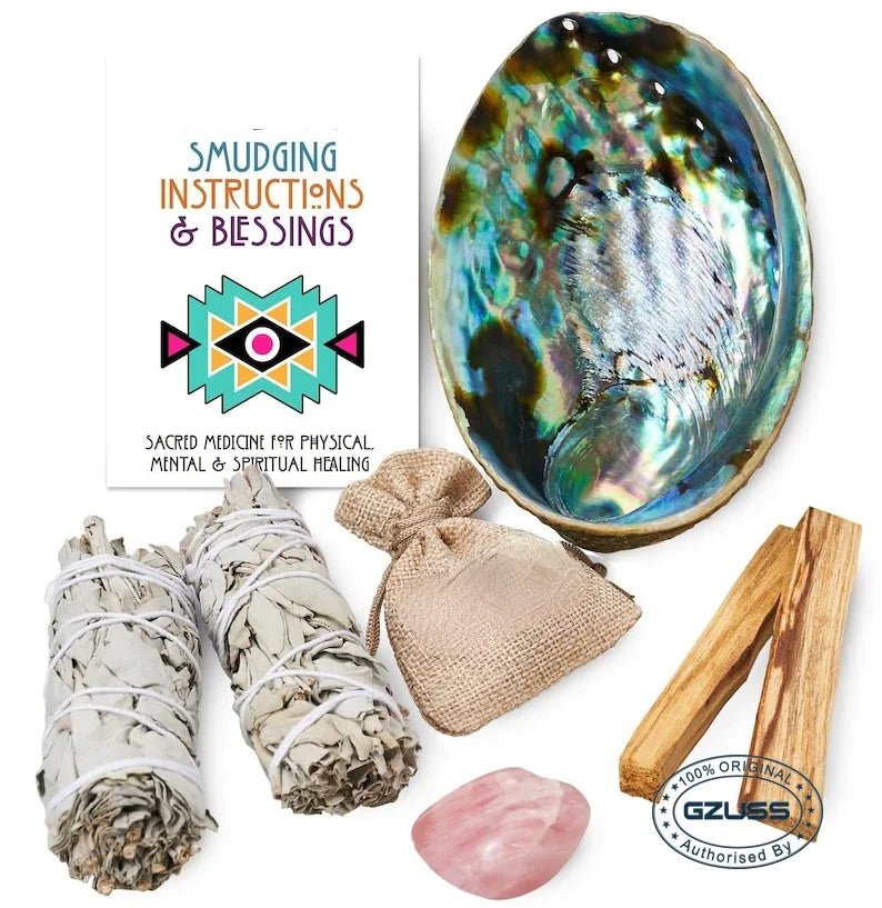 Sage Smudge Kit with 2 White Sage Bundles 4" inch, 2 Palo Santo Sticks, Abalone Shell 5-6" inch, Rose Quartz & Instructions