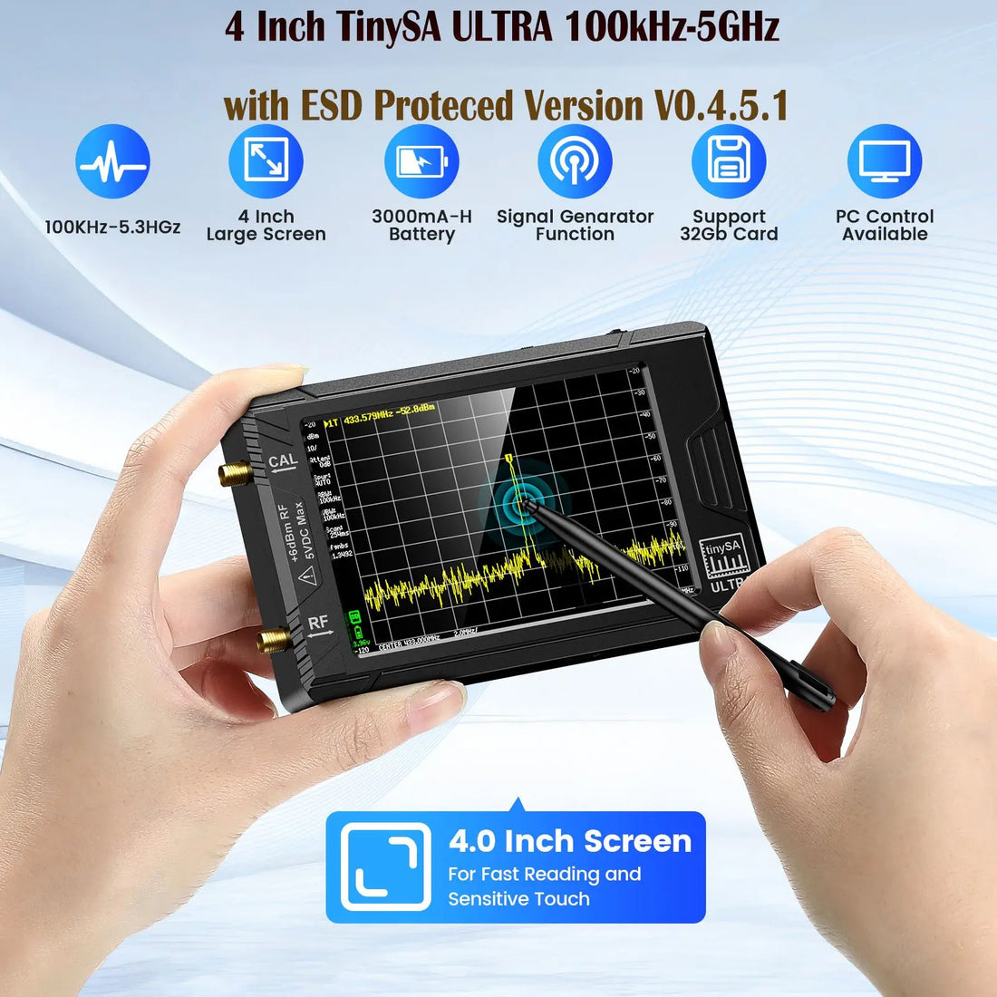 TinySA ULTRA 4" Spectrum Analyzer – 100kHz to 5.3GHz Paranormal EMF Detector & RF Signal Tester