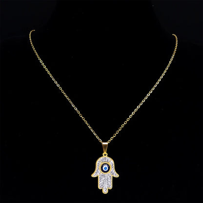 Fatima Hand Evil Eye Necklace – Stainless Steel Protection Pendant for Men & Women | Turkish Blue Eye Amulet Jewelry