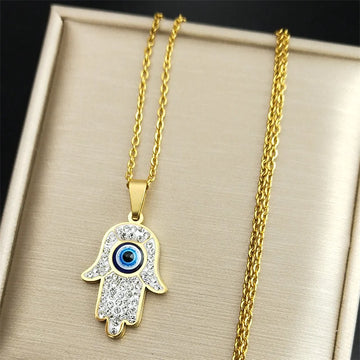 Fatima Hand Evil Eye Necklace – Stainless Steel Protection Pendant for Men & Women | Turkish Blue Eye Amulet Jewelry