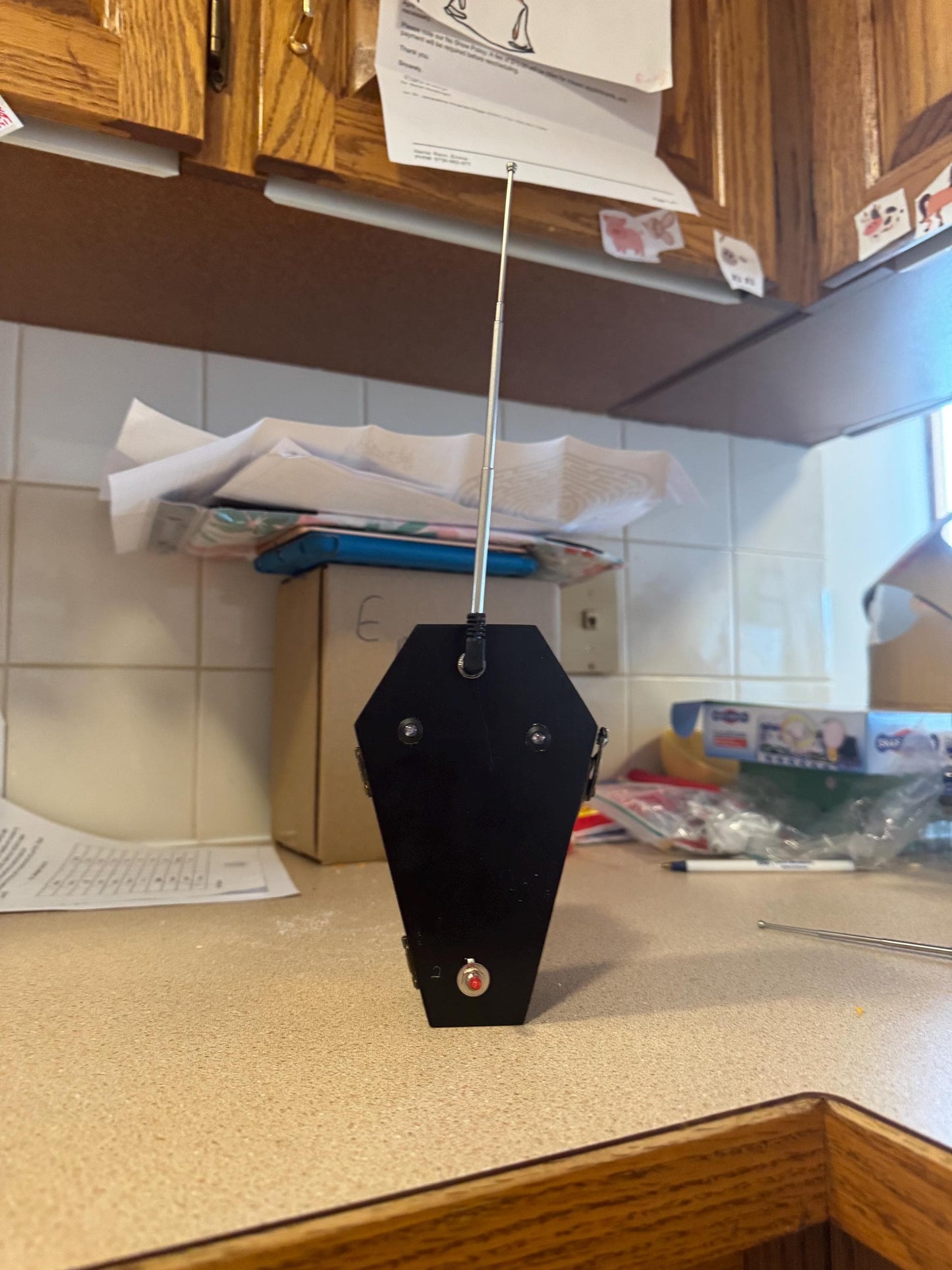 May include: A black coffin-shaped remote control with a silver antenna extending from the top. The remote control has a red button on the side.
